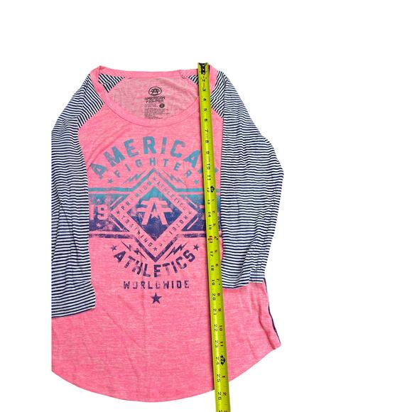 American Fighter Women’s Raglan Baseball Tee Medium Pink Blue Striped Graphic - Picture 4 of 7